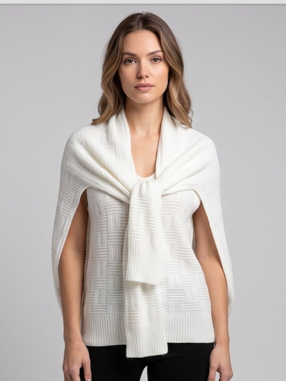 Women's White Basketweave Knit Sweater Wrap Shawl | Tie-Front Poncho Cardigan |